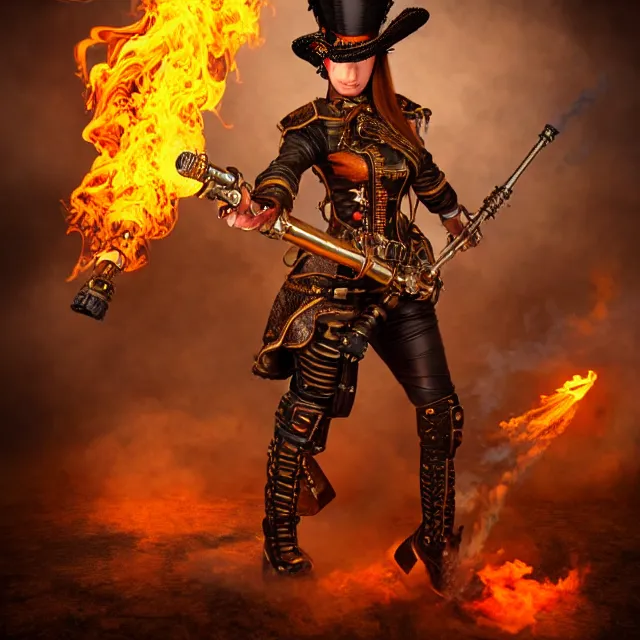 Prompt: steampunk warrior with a flamethrower, highly detailed, 4 k, hdr, smooth, sharp focus, high resolution, award - winning photo, anne stokes, photorealistic