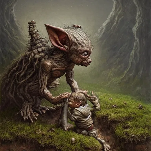 Prompt: portrait of a small goblin crawling out of a hovel on a hill side carrying a sack of body parts over his shoulder. art by tomasz alen kopera.