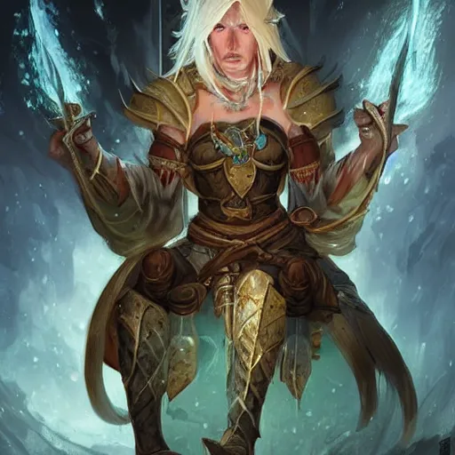 Image similar to 8k highly detailed fantasy illustration by Anato Finnstark of a female giantess character from Dungeons and Dragons, she has pale blue skin!!!, bald shaved head!!!, dressed like a warrior monk, she is seated in a crowded tavern drinking large mugs of mead, she has white eyes!!!, gambling with friends-g