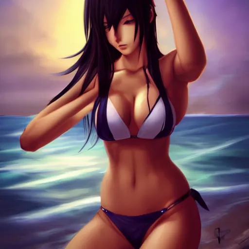 Prompt: beautiful tifa from final fantasy in a bikini, drawn by charlie bowater