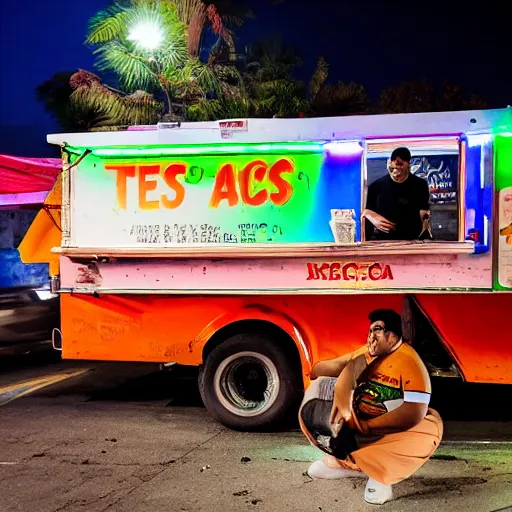 Image similar to obese mexican man showing off tacos de birria next to a food truck in the night, amateur photography with flash,