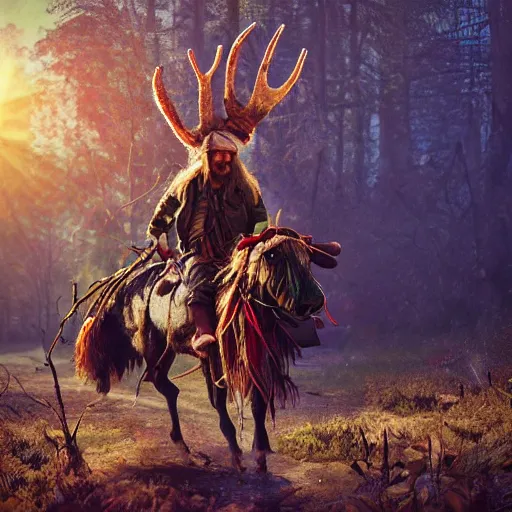 Image similar to hippie tribal hobo wearing twigs and leaves smiling sheepishly, riding tiny scuffy donkey with novelty oversized antlers, autumn forest, highly detailed, dramatic lighting, night time, cinematic, hyperrealistic, detailed, movie still from game of thrones