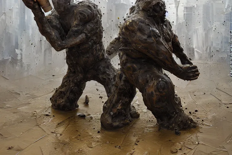 Image similar to palette knife oil painting of a mall security guard turning into a golem of mud and sludge., extreme detail, artstation trending, artgerm, deviant art, octane, substance, art history 8 k