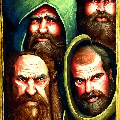 Image similar to Realistic, portrait, three Dwarf Brothers, dungeons and Dragons, medieval painting