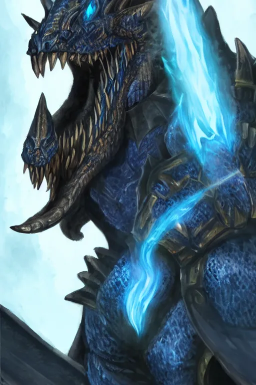 Image similar to a D&D character of a dark blue dragonborn with large tusks, only half of his face flaming with blue flame, he wears a black dragon scales armor, D&D art