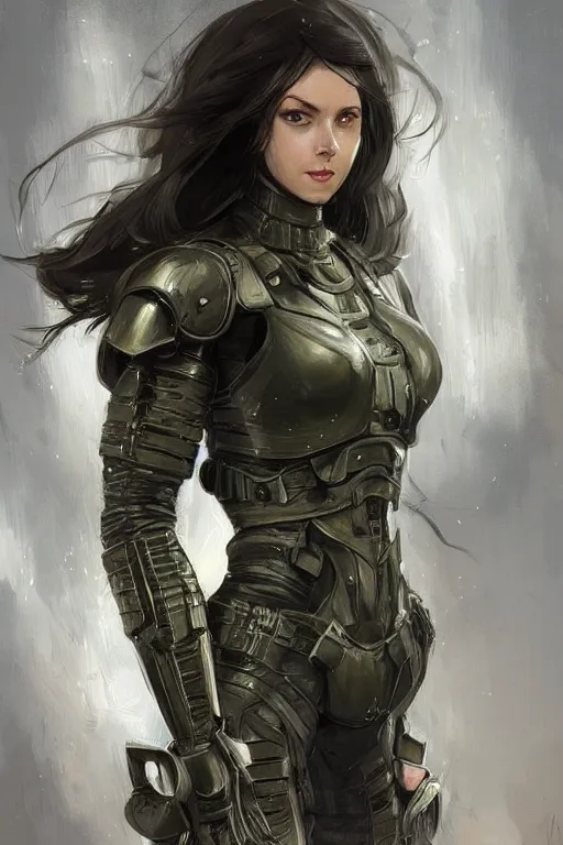 Prompt: a finely detailed portrait of an attractive young woman, clothed in military armor, olive skin, long dark hair, beautiful bone structure, symmetrical facial features, intricate, elegant, digital painting, trending on Artstation, concept art, smooth, sharp focus, illustration, from Metal Gear by Ruan Jia and Mandy Jurgens and Artgerm and William-Adolphe Bouguerea, award winning