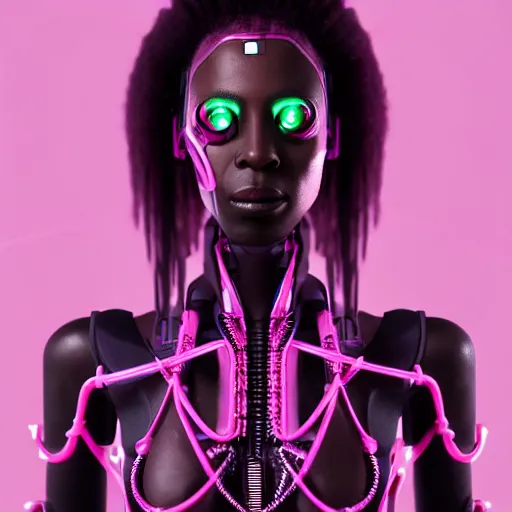 Image similar to portrait of a beautiful dark skinned woman with pink hair as a cyberpunk cyborg half robot, revealing wires and electronics, hooked - up, sci - fi, missing panels, intricate abstract upper body intricate artwork, concept art, octane render, deviantart, cinematic, key art, hyperrealism, iridescent accents, portrait photograph, nikon 3 5 mm, photograph by greg rutkowski