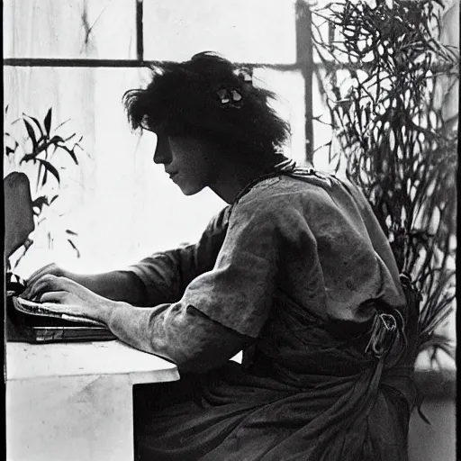 Image similar to a red-haired long-haired teenage boy sitting at a computer, jungle around him, painting by alphonse mucha, smooth sharp focus, point of view from behind him