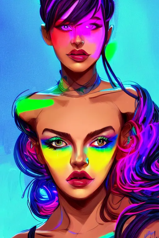 Image similar to a award winning portrait of a beautiful woman with stunning eyes in a one off shoulder crop top and cargo pants with rainbow colored hair, outlined by whirling illuminated neon lines and fine lines swirling in circles by greg tocchini, digital art, trending on artstation