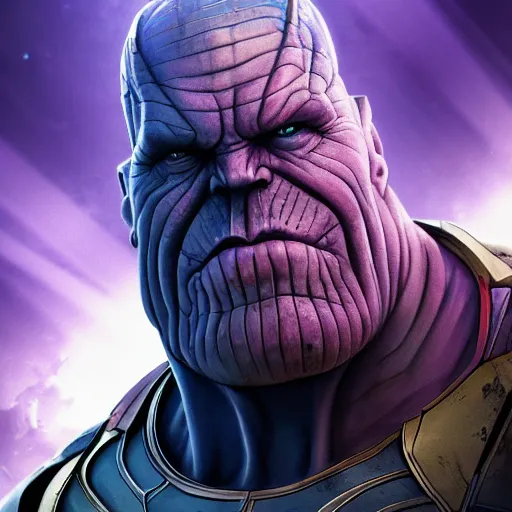 Image similar to closeup portrait of Thanos standing on a tank in a post apocalyptic battlefield at sunrise, action pose, dramatic lighting, high contrast, cosmic horror, abstract, masterpiece, trending on ArtStation, by Moebius, blizzard concept artists, Greg Rutkovski and by Craig Mullins and by Ismail Inceoglu, front lighting, rim lighting, god rays, lens flare, james cameron, cinematic, film still-H 704