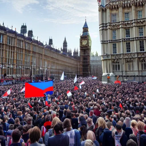 Image similar to a picture of westminster with a gigantic crowd of protestors on the street, the sky is blue and everyone is holding russian flags or posters with prince andrew's face wide shot hyperrealistic photography 7 0 mm