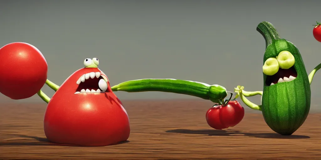 Image similar to detailed 3 d render of a bad zucchini character with arms and legs and a long sword!! chasing after a tomato character, hyper realistic octane render, cinematic lighting, pixar surrealism