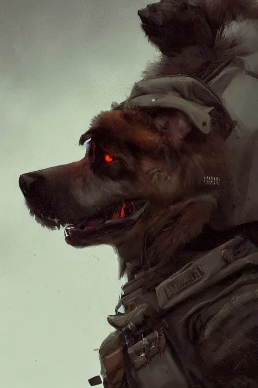 Image similar to gritty portrait of furry anthro anthropomorphic german shepard head animal person fursona wearing clothes modern soldier tactical digital art by Greg Rutkowski, Simon Stalenhag, trending on Artstation, CGSociety