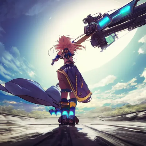 Image similar to wide - angled shot of an anime final fantasy star ocean female hungarian tribal robes scarf girl character riding a giant mecha with mechanical jet pack skates running speeding through scifi mystical steppe