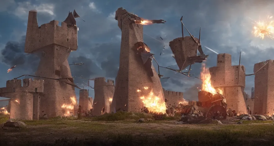 Image similar to five giant and powerful medieval trebuchets in the front, fireing on a medieval fortress far away, destroying the walls, fire and explosion, debris flying around, octane render, unreal engine