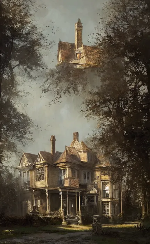 Prompt: Portrait of a victorian manor house in a town, 19th century, highly detailed, cinematic lighting, digital art painting by greg rutkowski