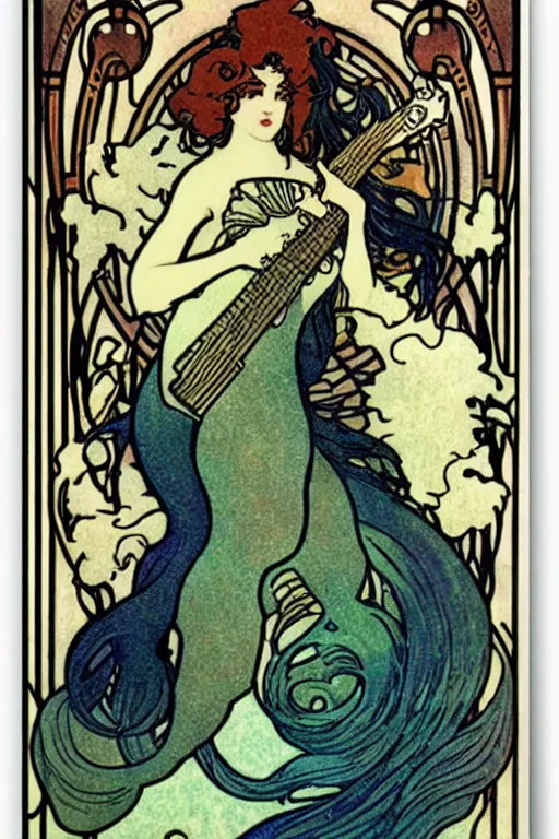 Image similar to illustration of a mermaid playing an electric guitar, Art Nouveau by Mucha