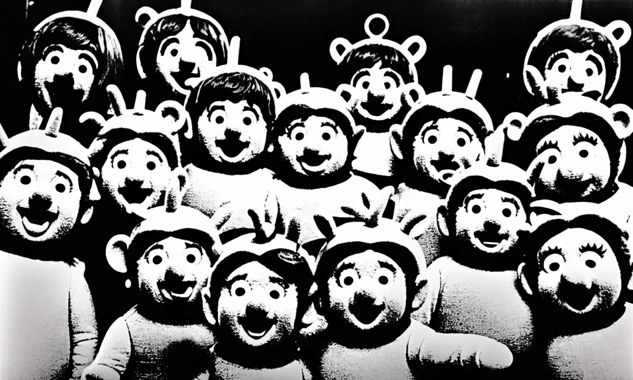 Prompt: Beatles as teletubbies on set of Sesame street, color photograph 1974