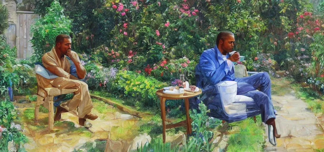 Image similar to kayne sipping tea, garden in the background, aged oil painting by le pho