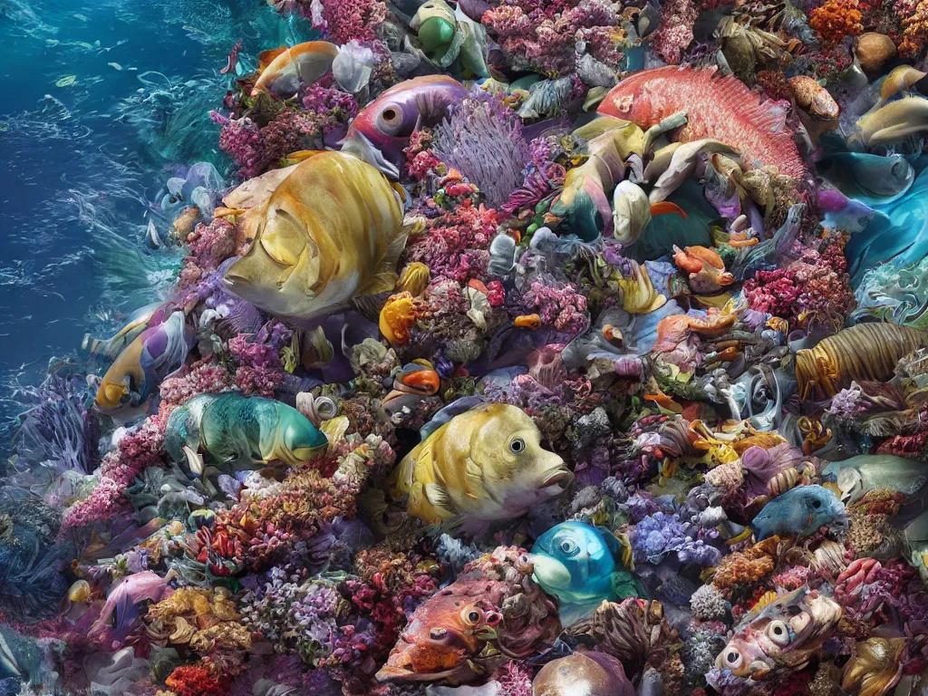 Image similar to a sculpture of fish ocean intertwined, a lovely cornucopia of flowers and human body parts, body parts, highly detailed, octane render, cinematic, shock, sharp focus, ball, an independent psycho,