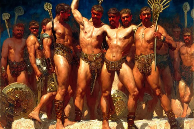 Image similar to male gladiators, painting by gaston bussiere, craig mullins, j. c. leyendecker, tom of finland