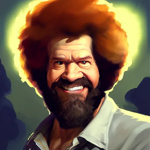 Image similar to Greg Manchess portrait painting of Bob Ross as Overwatch character, epic, medium shot, asymmetrical, profile picture, Organic Painting, sunny day, Matte Painting, bold shapes, hard edges, street art, trending on artstation, by Huang Guangjian and Gil Elvgren and Sachin Teng