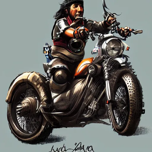 Prompt: Inca Atahualpa riding a motorcycle, detailed, highly detailed, digital paiting, artstation