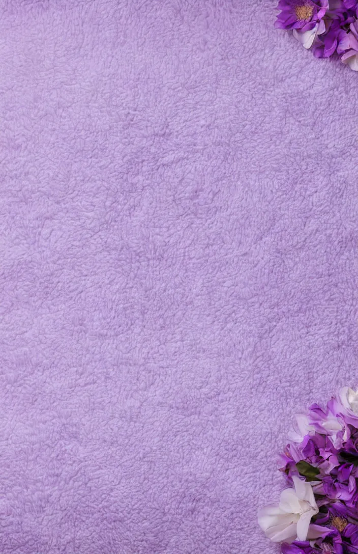 Prompt: light and clean soft cozy background image with soft light - purple flowers lying on a white soft fuzzy blanket, dreamy lighting, background, cottagecore, photorealistic, backdrop for obituary text