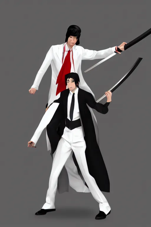 Prompt: man with black hair in a white suit and a red tie wielding a katana, concept art, 8 k, trending on deviant art.