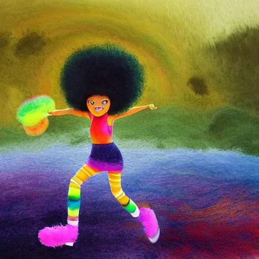 Prompt: a black girl with a colorful afro and rainbow eyes jumping rope near the nile river, bright colours, watercolor, volumetric wool felting, macro photography, children illustration, by goro fujita