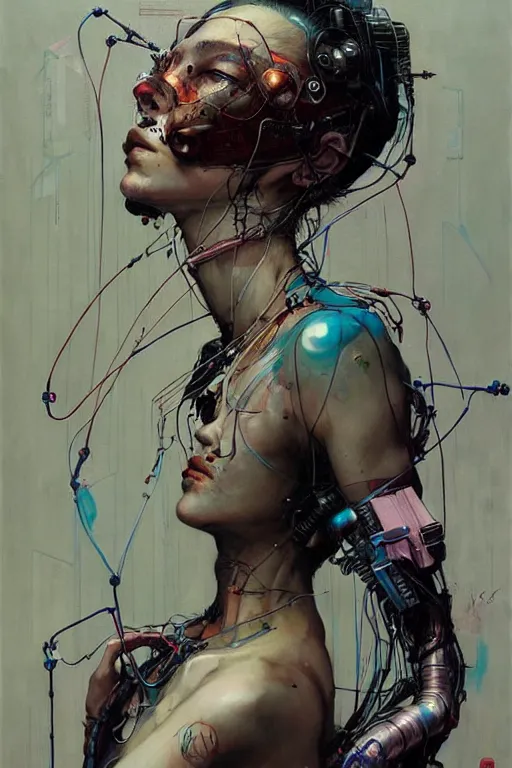 Image similar to young woman cyberpunk dream thief, wires cybernetic implants, in the style of adrian ghenie, esao andrews, jenny saville,, surrealism, dark art by james jean, takato yamamoto