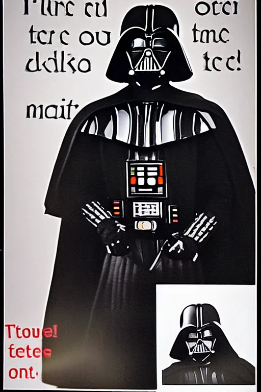 Prompt: high school yearbook photo of Darth Vader with a cringey quote underneath him