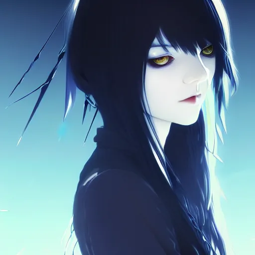 Image similar to two gold eyes on a long blue - haired girl with bangs gothic anime character noir, screenshot, anime, sharp focus, intricate, illustration, cell shaded, digital painting, highly detailed, concept art, matte, art by ilya kuvshinov, wlop, and greg rutkowski, studio quality, james jean, artem demura