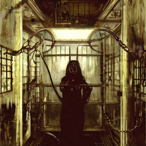 Image similar to horrorpunk interior of pristine steampunk asylum laboratory testing chamber containing a chained mutant cyborg nicola samori marc simonetti william-adolphe borguereau viktor vasnetsov charlie bowater oil painting