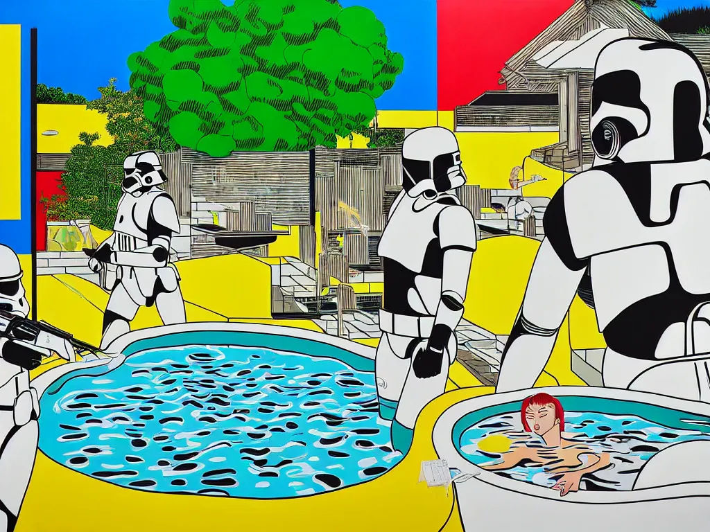 Image similar to hyperrealism composition of the japanese house with a hot springs in the garden, two detailed stormtroopers bathe in a hot spring, pop - art style, jacky tsai style, andy warhol style, roy lichtenstein style, round canvas, acrylic on canvas