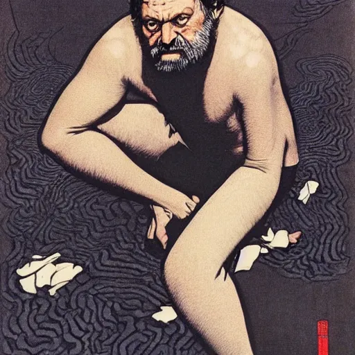 Image similar to slavoj zizek in jojo pose, oil on canvas by takato yamamoto and ruan jia and dave mckean