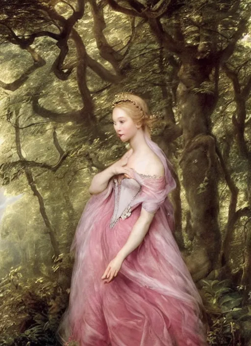 Image similar to Beautiful elsa, Looks like pink ranger, In the woods, Dramatic, Edge, Good, Infused, Backlight, De-Noise, VFX, insanely detailed and intricate, hypermaximalist, elegant, ornate, hyper realistic, super detailed, by Anthony Van Dyck, by Ivan Shishkin, by John Constable