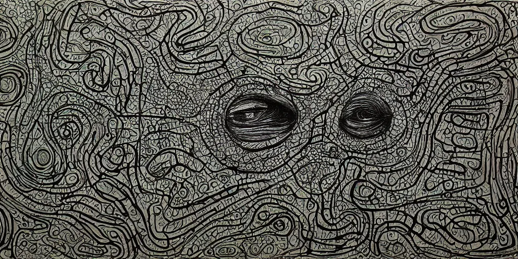 Image similar to camo of lines, technical, acrylic, teeth, eerie, tribal, clay, dots, lines, stipple, points, grid, cybernetic, old painting, swirly eyes, hypnosis