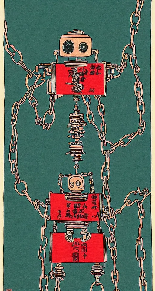 Image similar to a robot hanging by his feet in chains upside down peacefully, beautiful coloured Japanese ink painting inspired by the hanged man tarot card, soft lines, psychedelic