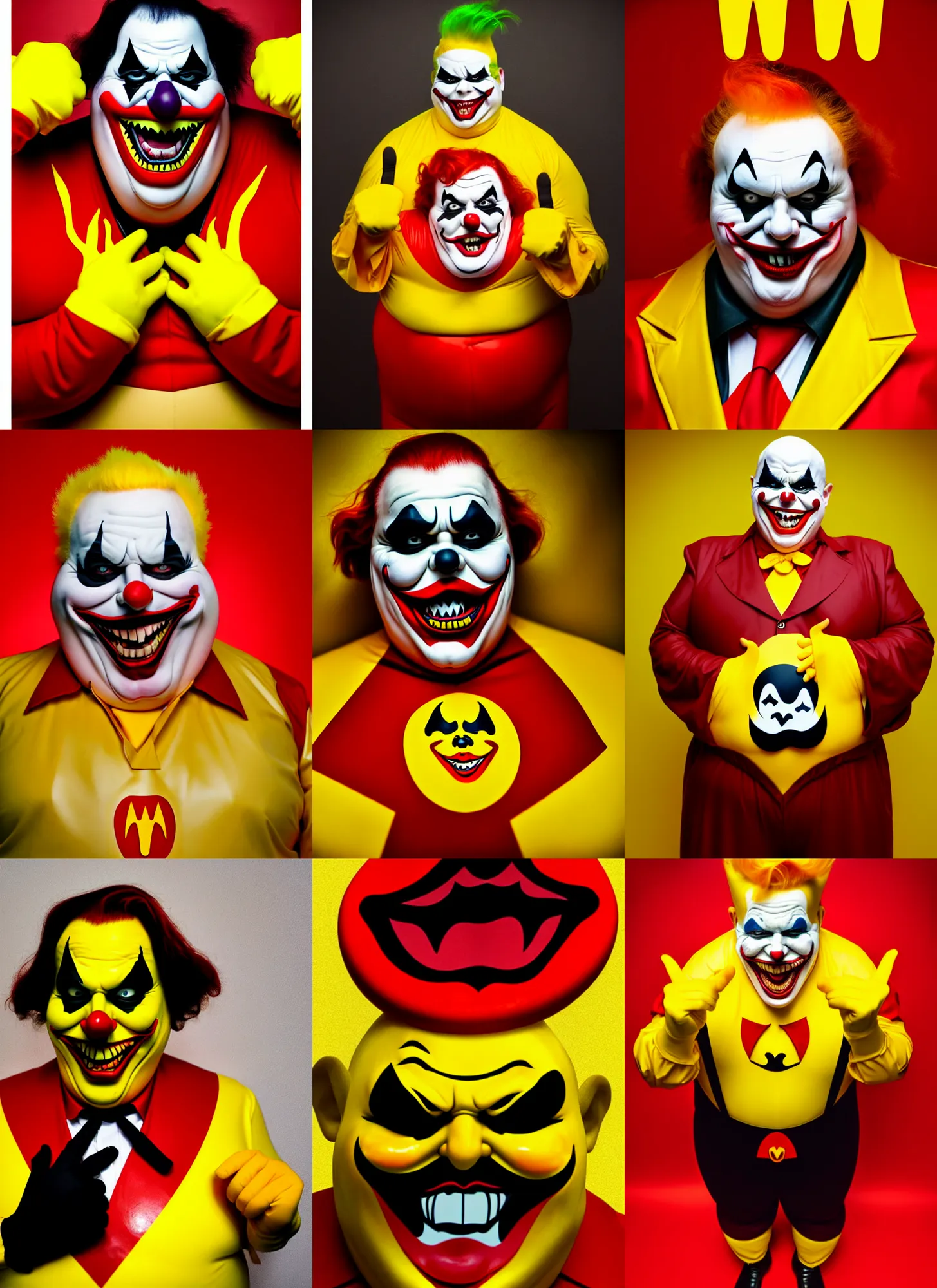 Prompt: wide angle lens of a very fat sinister looking joker dressed in yellow and red rubber latex Ronald Macdonalds costume, red hair, a Macdonalds logo on his chest, illustration inspired by Oleg Vdovenko