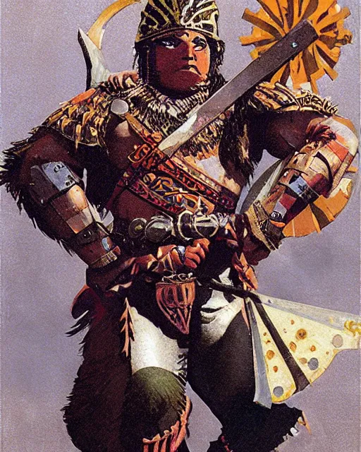 Prompt: aztec warrior, hirsute epic level dnd human fighter, wielding the godshammer, a magical war hammer, wearing magical armor. thick quads. full character concept art, realistic, high detail digital gouache painting by angus mcbride and michael whelan.