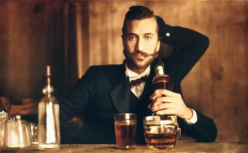 Image similar to color photo of a photomodel handsome man drinking whiskey 8 0's style