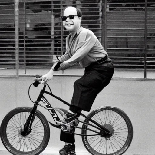 Prompt: george costanza riding a unicycle at x games magazine photo