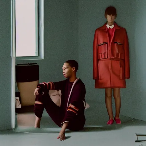 Image similar to realistic photoshooting for a new acne studios lookbook, color film photography, portrait of a beautiful woman, photo in style of Tyler Mitchell, wes anderson, Julia Hetta, Tim Walker, Petra Collins, 35mm,