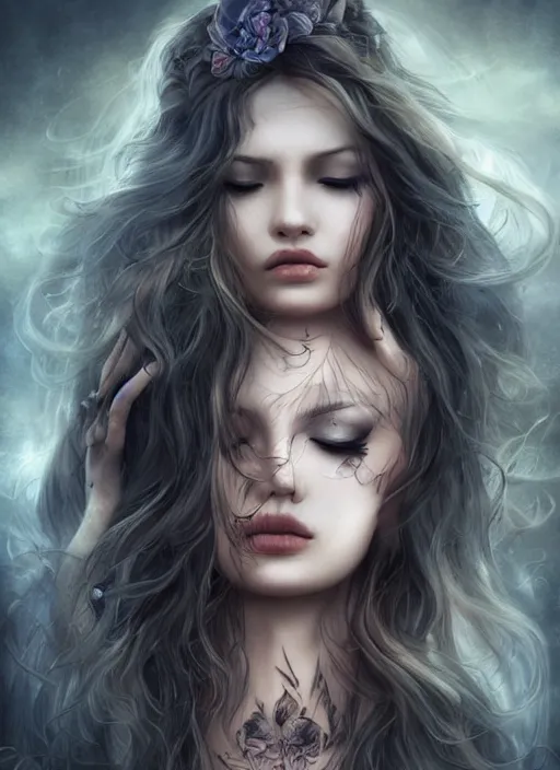 Image similar to a beautiful woman with closed eyes and tattoos, 8 k, sensual, hyperrealistic, hyperdetailed, beautiful face, long hair windy, dark fantasy, fantasy portrait by laura sava