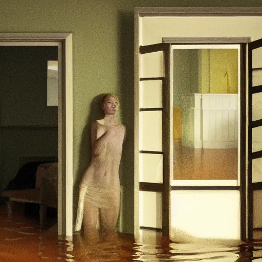 Image similar to octane render of Elle Fanning in a flooded house interior, by Edward Hopper and Andrew Wyeth, extremely detailed masterpiece