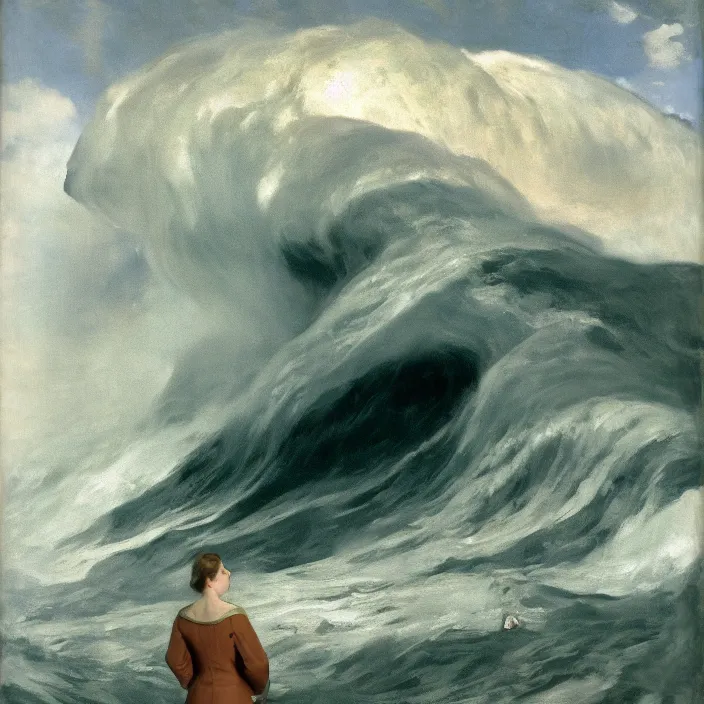 Image similar to a woman wearing wrapped in plastic, standing in front of a giant tsunami wave, color photograph, by john singer sargent, canon eos c 3 0 0, ƒ 1. 8, 3 5 mm, 8 k, medium - format print