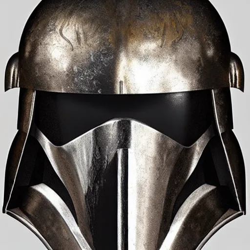 Image similar to bust portrait of a knight, high detail, silver, steel, helmet, ornate decoration, gold trim, storm trooper, diffused lighting, runic etching, mandalorian, darth revan, star wars, octane, unreal 5