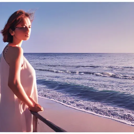 Image similar to image of Barbara genshin impact in a light dress against the sea, photorealistic, shooting 35mm, beautiful, photography, 4k, soft light, studio light