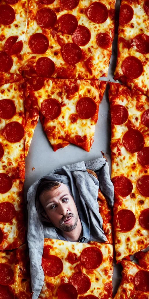 Image similar to melting cheese pizza Pepperoni man, superhero, cinematic lighting, highly realistic, portrait